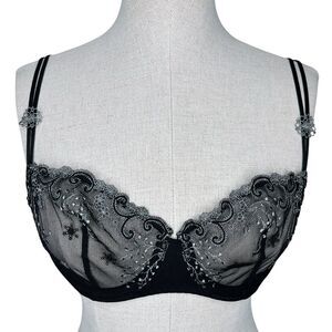 Simone Perele Delice Sheer Lace Bra sz 32D * Mesh Scallop Trim Floral Embroidery
